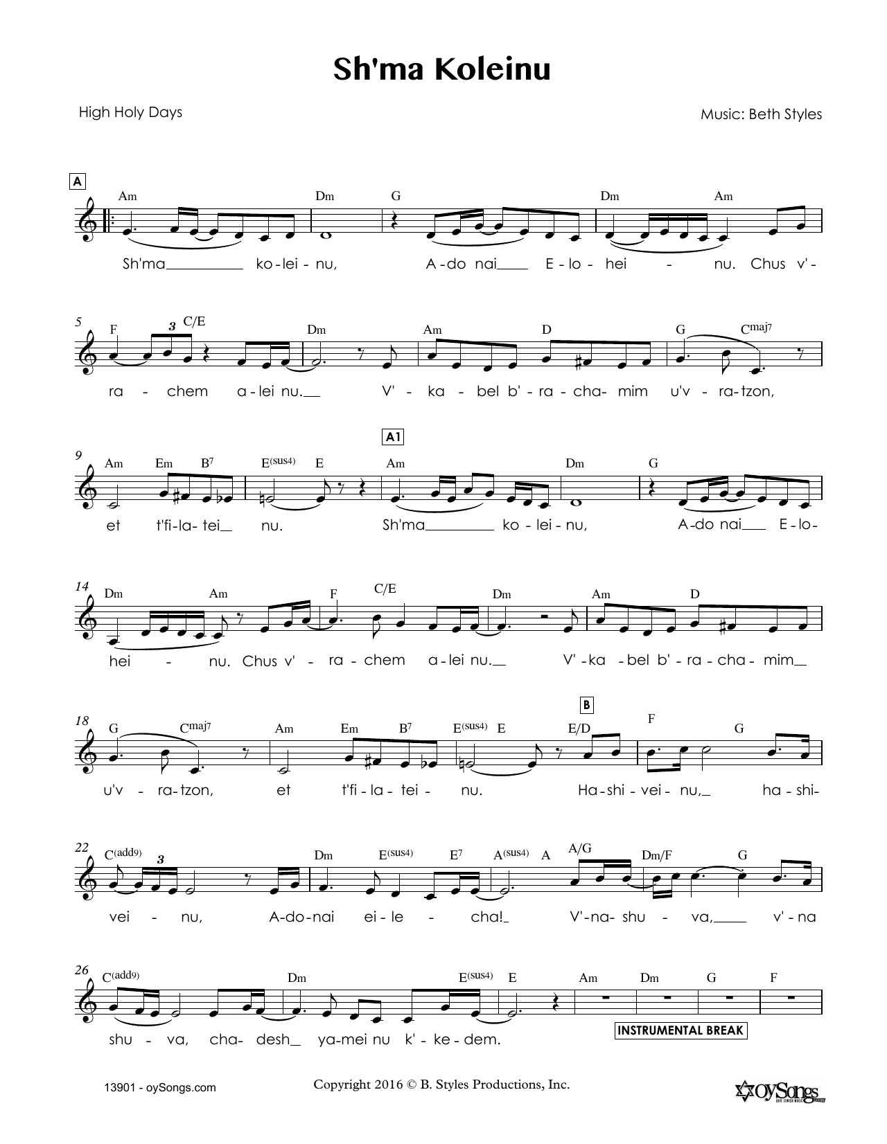 Beth Styles Sh'ma Koleinu Sheet Music Notes & Chords for Melody Line, Lyrics & Chords - Download or Print PDF