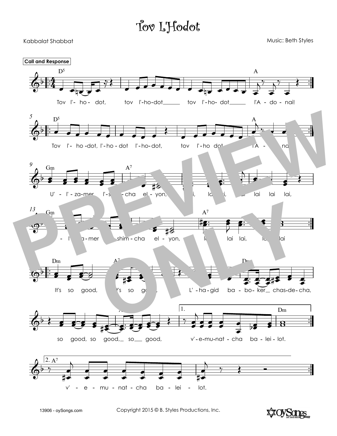 Beth Styles Tov L'Hodot Sheet Music Notes & Chords for Melody Line, Lyrics & Chords - Download or Print PDF