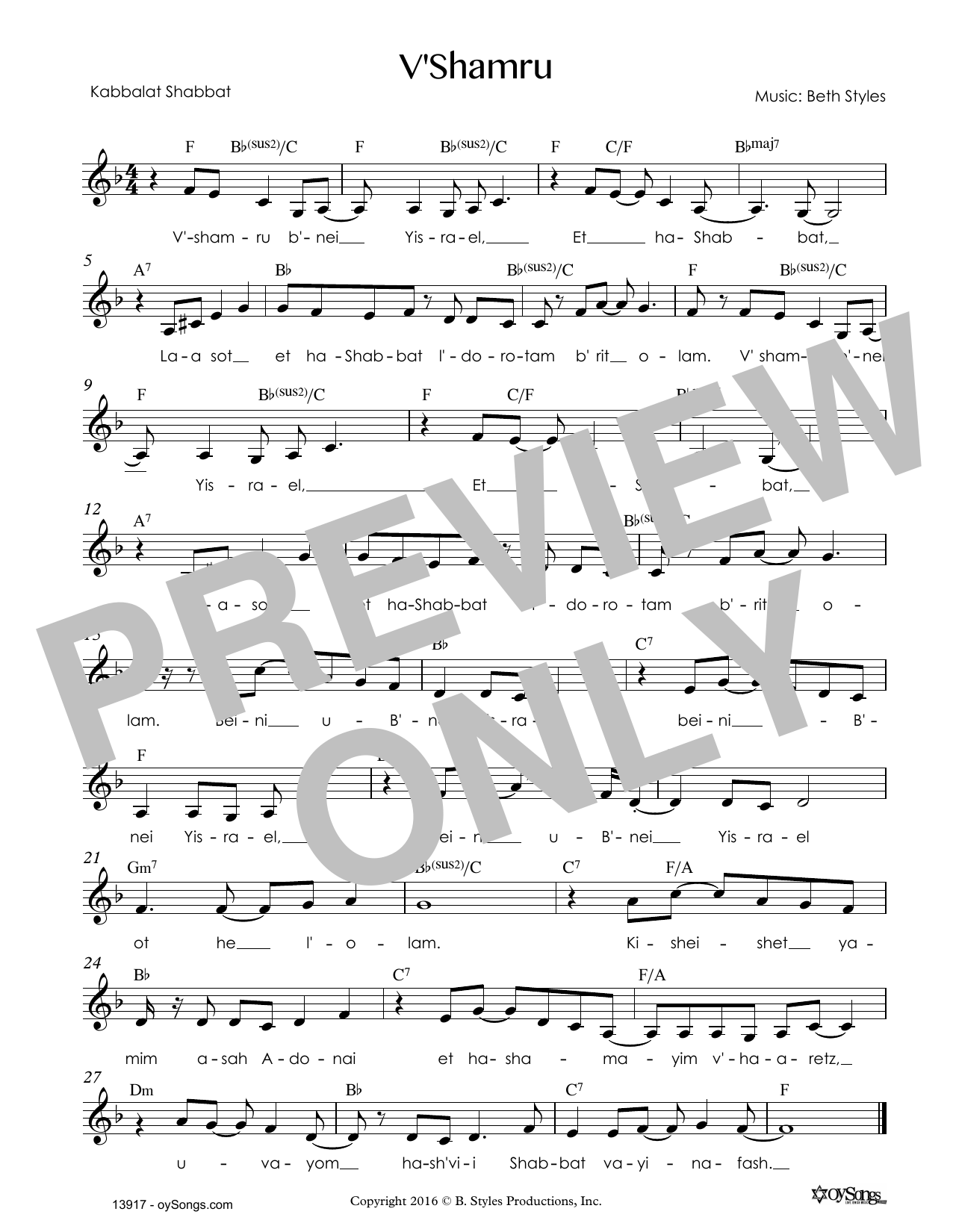 Beth Styles V'shamru Sheet Music Notes & Chords for Melody Line, Lyrics & Chords - Download or Print PDF