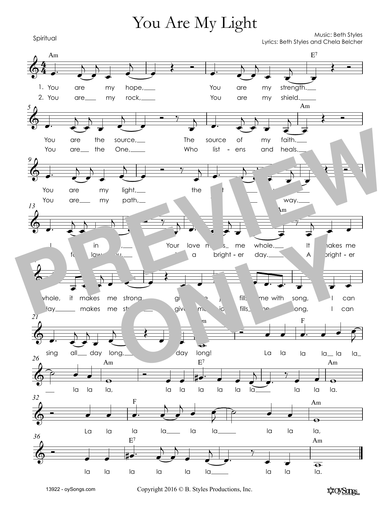 Beth Styles You Are My Light Sheet Music Notes & Chords for Melody Line, Lyrics & Chords - Download or Print PDF