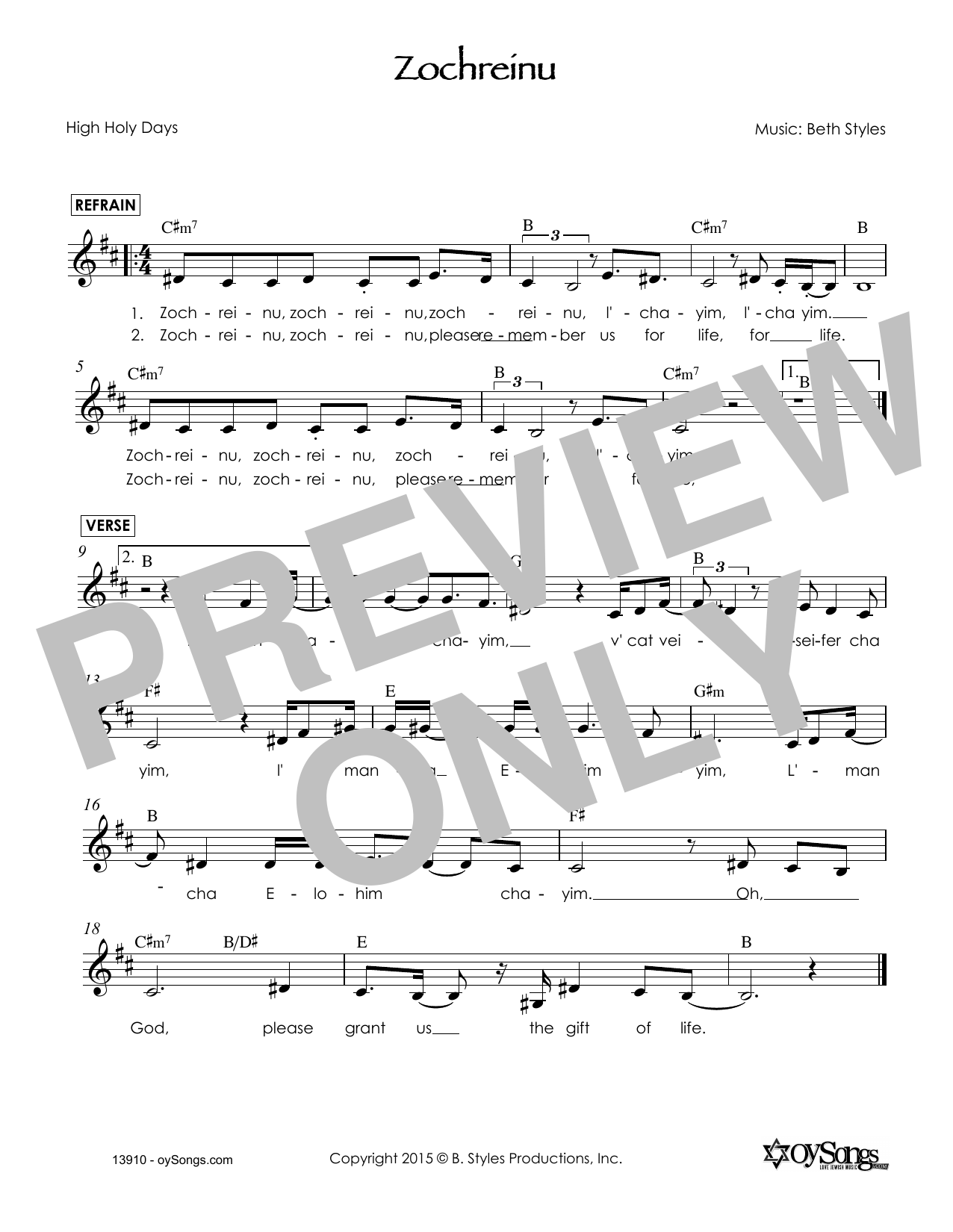 Beth Styles Zochreinu Sheet Music Notes & Chords for Melody Line, Lyrics & Chords - Download or Print PDF