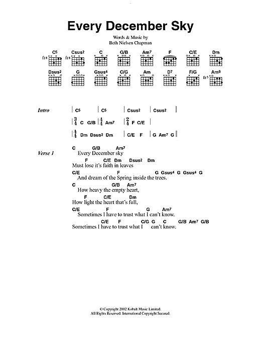 Preview Beth Nielsen Chapman Every December Sky Folk sheet music, notes and chords for Lyrics & Chords, SKU: 49855 Every December Sky sheet music
