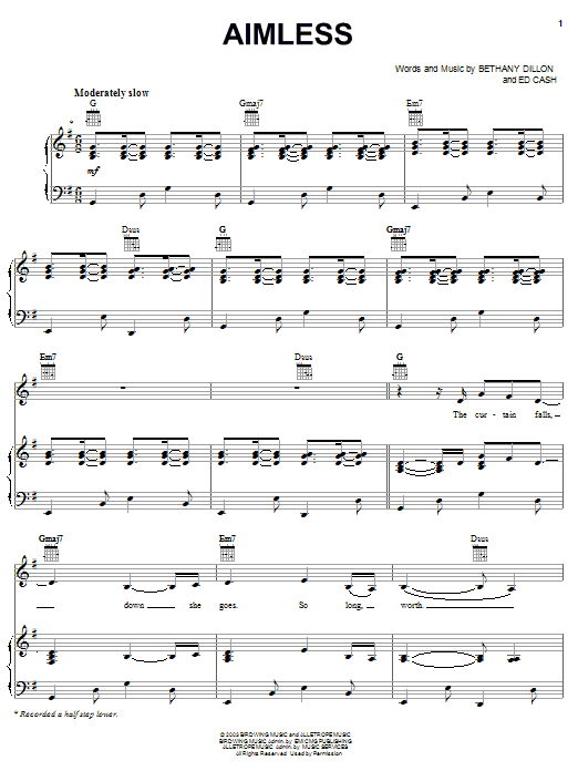 Bethany Dillon Aimless Sheet Music Notes & Chords for Piano, Vocal & Guitar (Right-Hand Melody) - Download or Print PDF