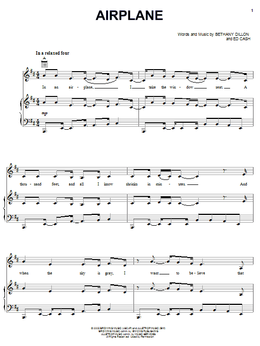 Bethany Dillon Airplane Sheet Music Notes & Chords for Piano, Vocal & Guitar (Right-Hand Melody) - Download or Print PDF Bethany Dillon Airplane Sheet Music Notes & Chords for Piano, Vocal & Guitar (Right-Hand Melody) - Download or Print PDF