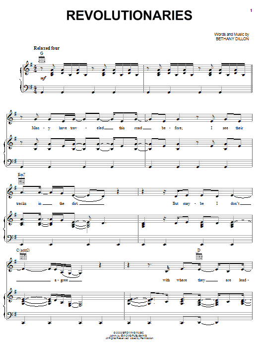 Bethany Dillon Revolutionaries Sheet Music Notes & Chords for Piano, Vocal & Guitar (Right-Hand Melody) - Download or Print PDF