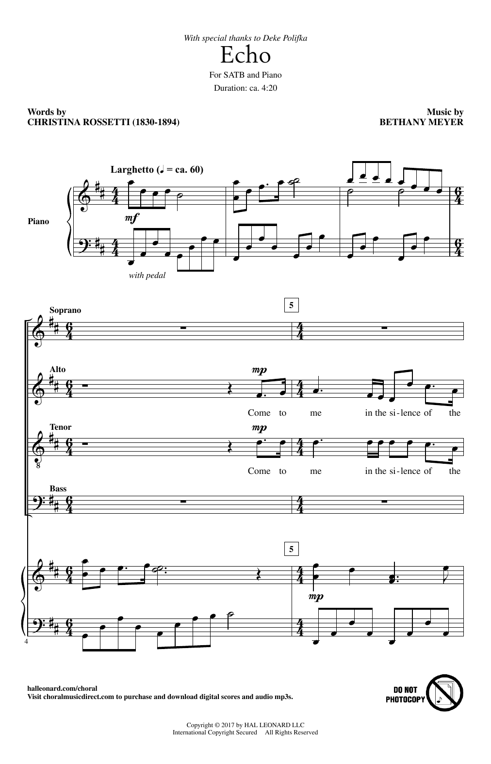 Bethany Meyer Echo Sheet Music Notes & Chords for SATB - Download or Print PDF