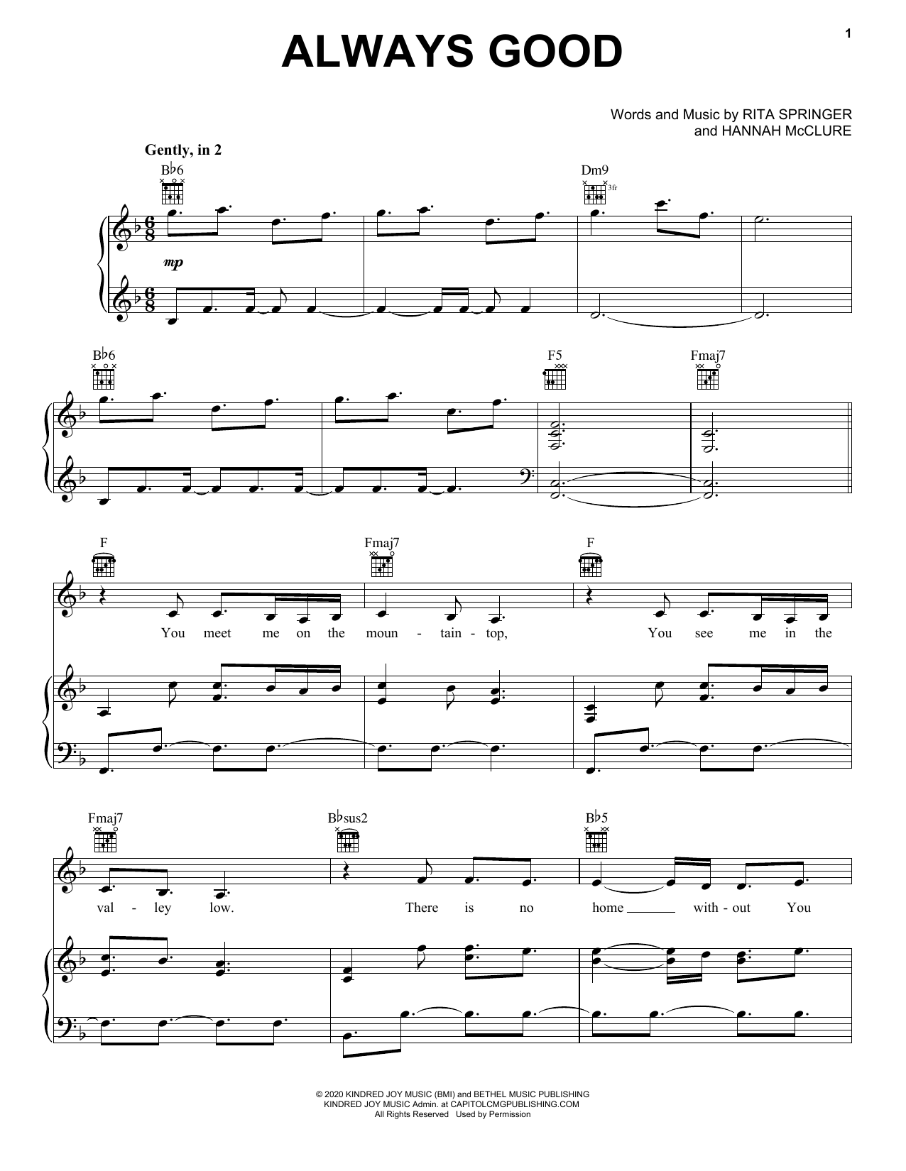 Bethel Music & Hannah McClure Always Good Sheet Music Notes & Chords for Piano, Vocal & Guitar (Right-Hand Melody) - Download or Print PDF