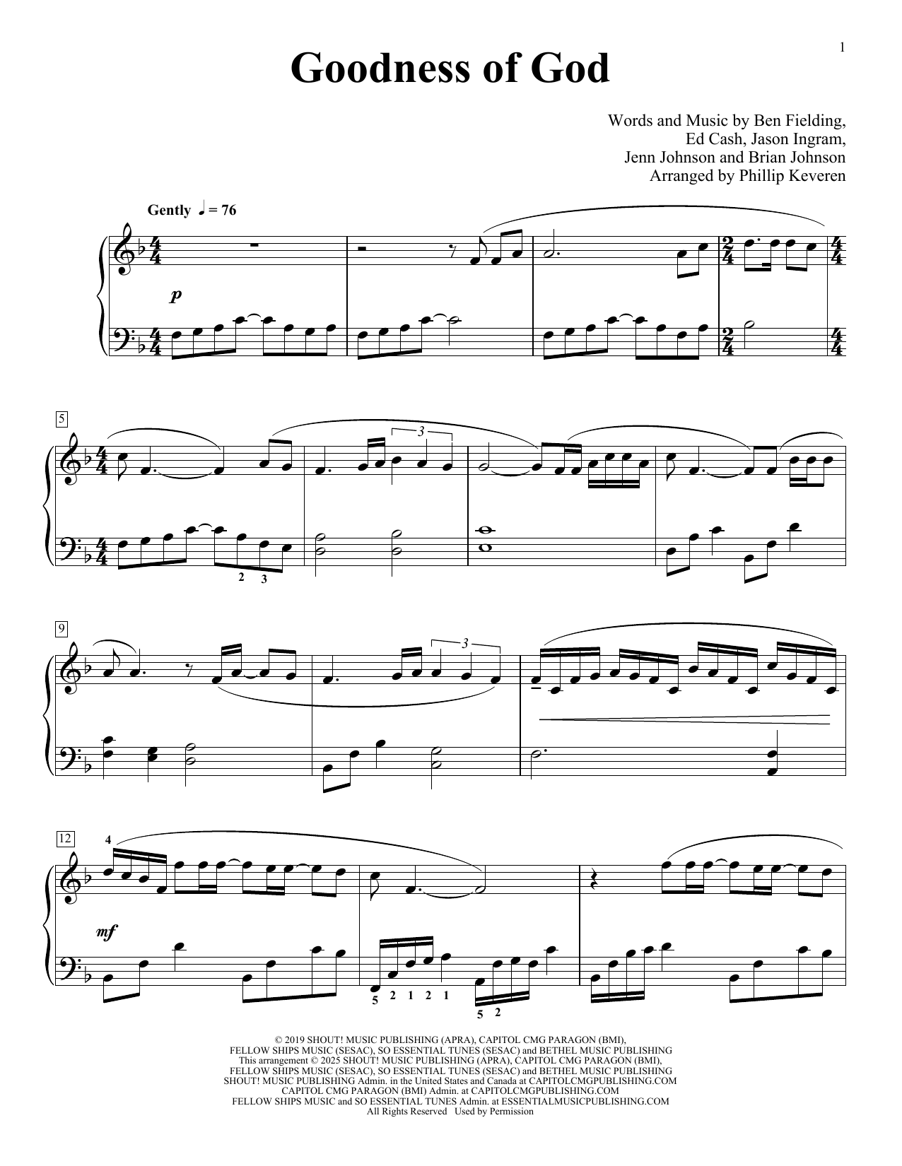 Bethel Music and Jenn Johnson Goodness of God (arr. Phillip Keveren) Sheet Music Notes & Chords for Piano Solo - Download or Print PDF