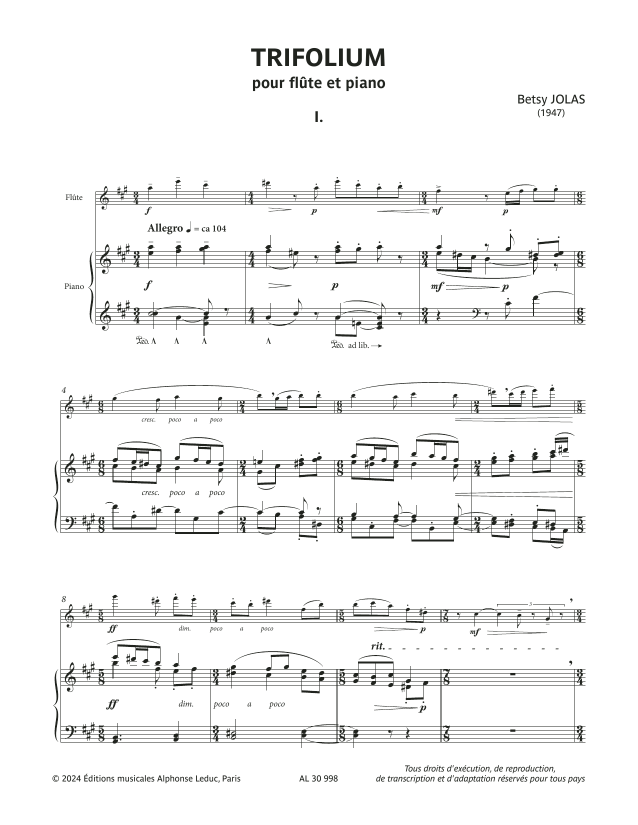 Betsy Jolas Trifolium Sheet Music Notes & Chords for Flute and Piano - Download or Print PDF