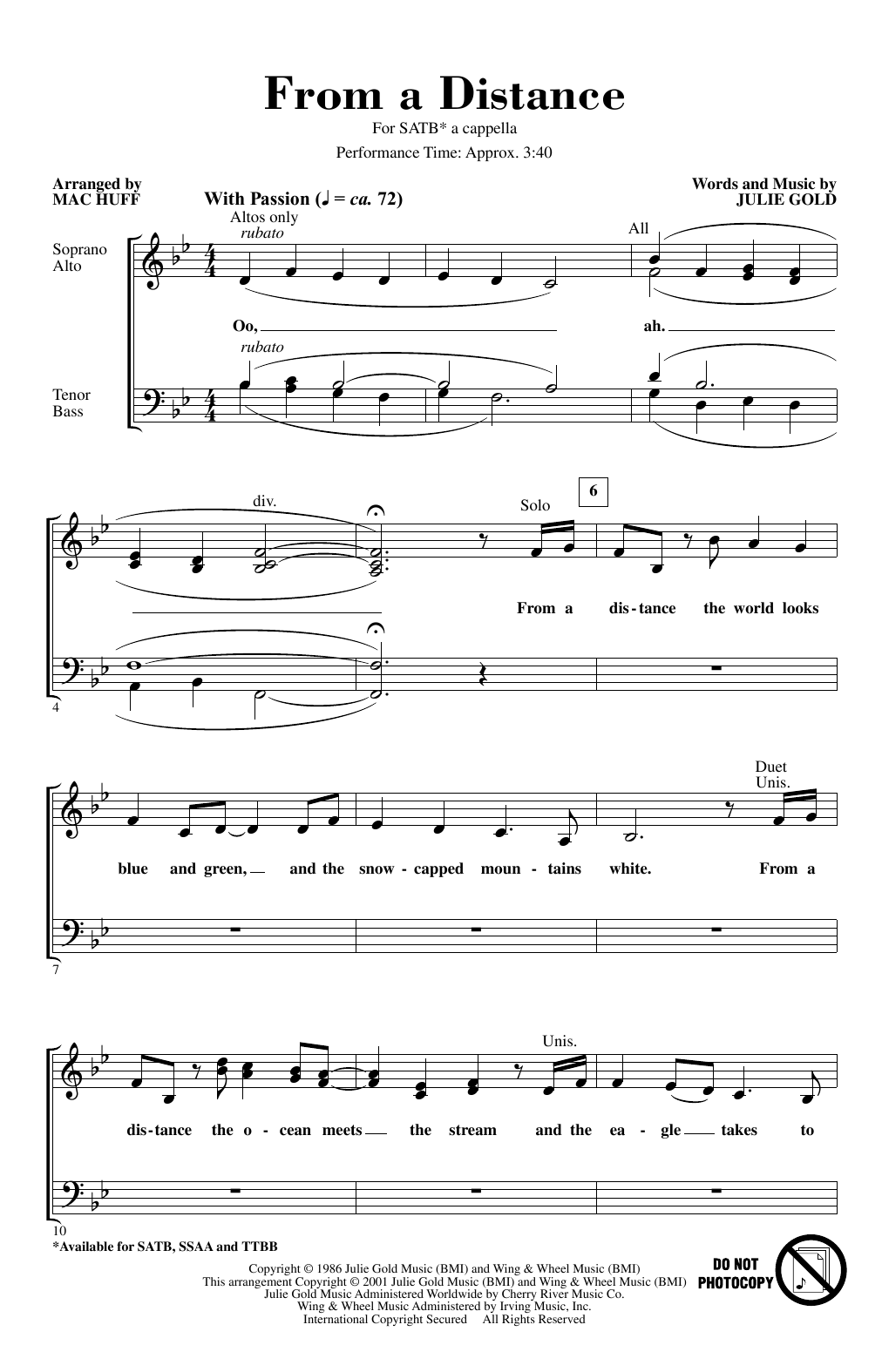 Bette Midler From A Distance (arr. Mac Huff) Sheet Music Notes & Chords for SATB Choir - Download or Print PDF