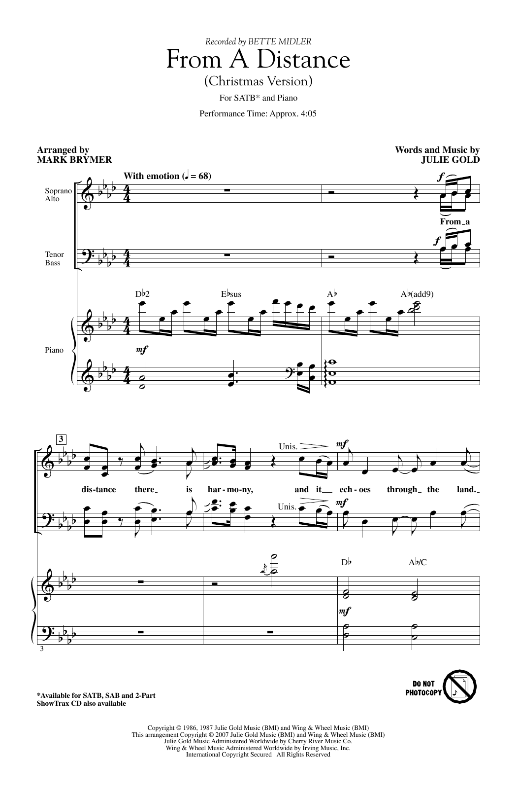 Bette Midler From A Distance (Christmas Version) (arr. Mark Brymer) Sheet Music Notes & Chords for SAB Choir - Download or Print PDF