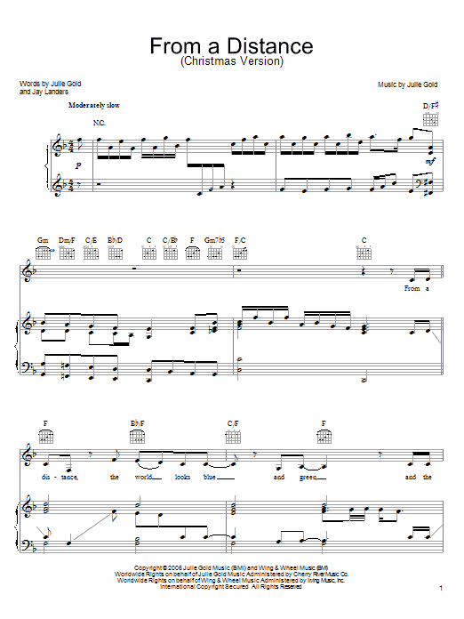 Bette Midler From A Distance (Christmas Version) Sheet Music Notes & Chords for Piano, Vocal & Guitar (Right-Hand Melody) - Download or Print PDF