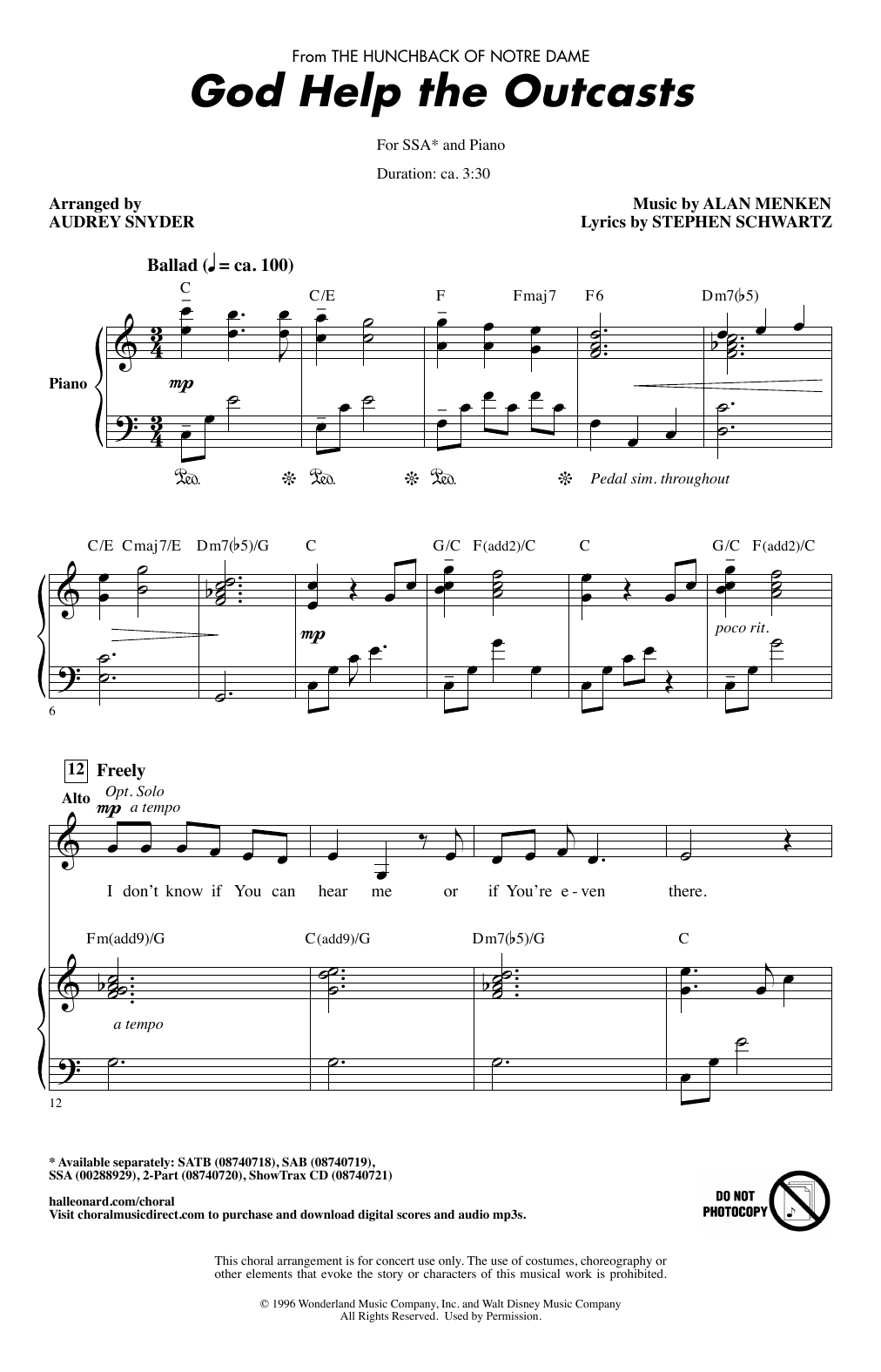 Bette Midler God Help The Outcasts (from The Hunchback Of Notre Dame) (arr. Audrey Snyder) Sheet Music Notes & Chords for 2-Part Choir - Download or Print PDF