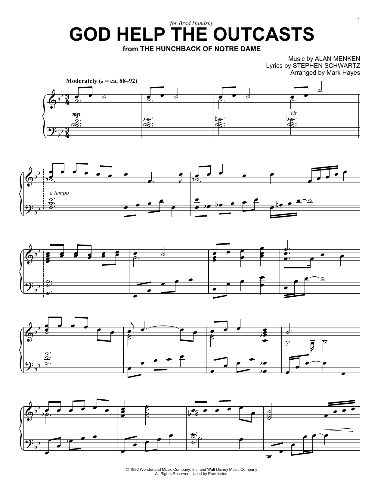 Bette Midler God Help The Outcasts (from The Hunchback Of Notre Dame) (arr. Mark Hayes) Sheet Music Notes & Chords for Piano Solo - Download or Print PDF