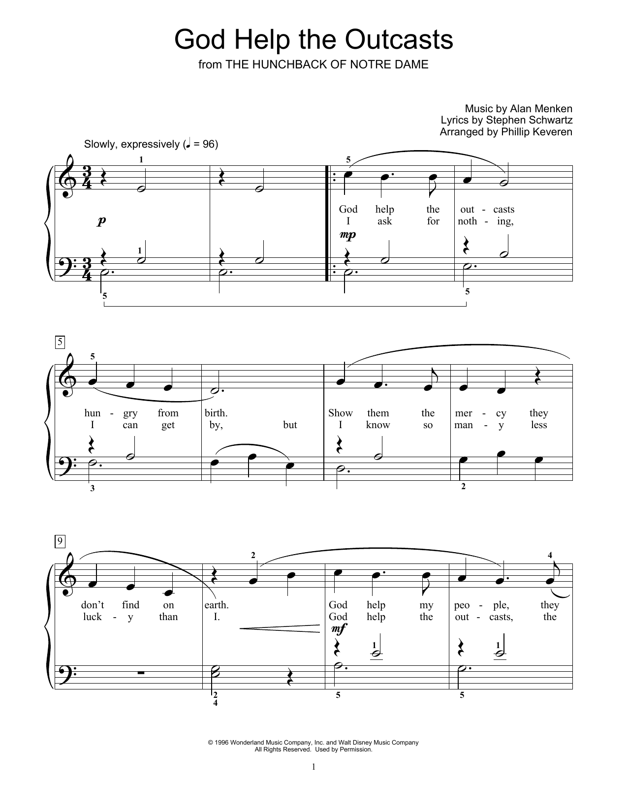 Bette Midler God Help The Outcasts (from The Hunchback Of Notre Dame) (arr. Phillip Keveren) Sheet Music Notes & Chords for Piano Solo - Download or Print PDF