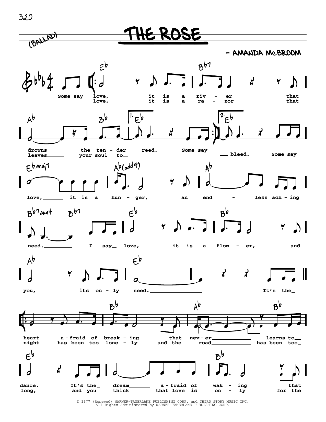 Bette Midler The Rose (Low Voice) Sheet Music Notes & Chords for Real Book – Melody, Lyrics & Chords - Download or Print PDF