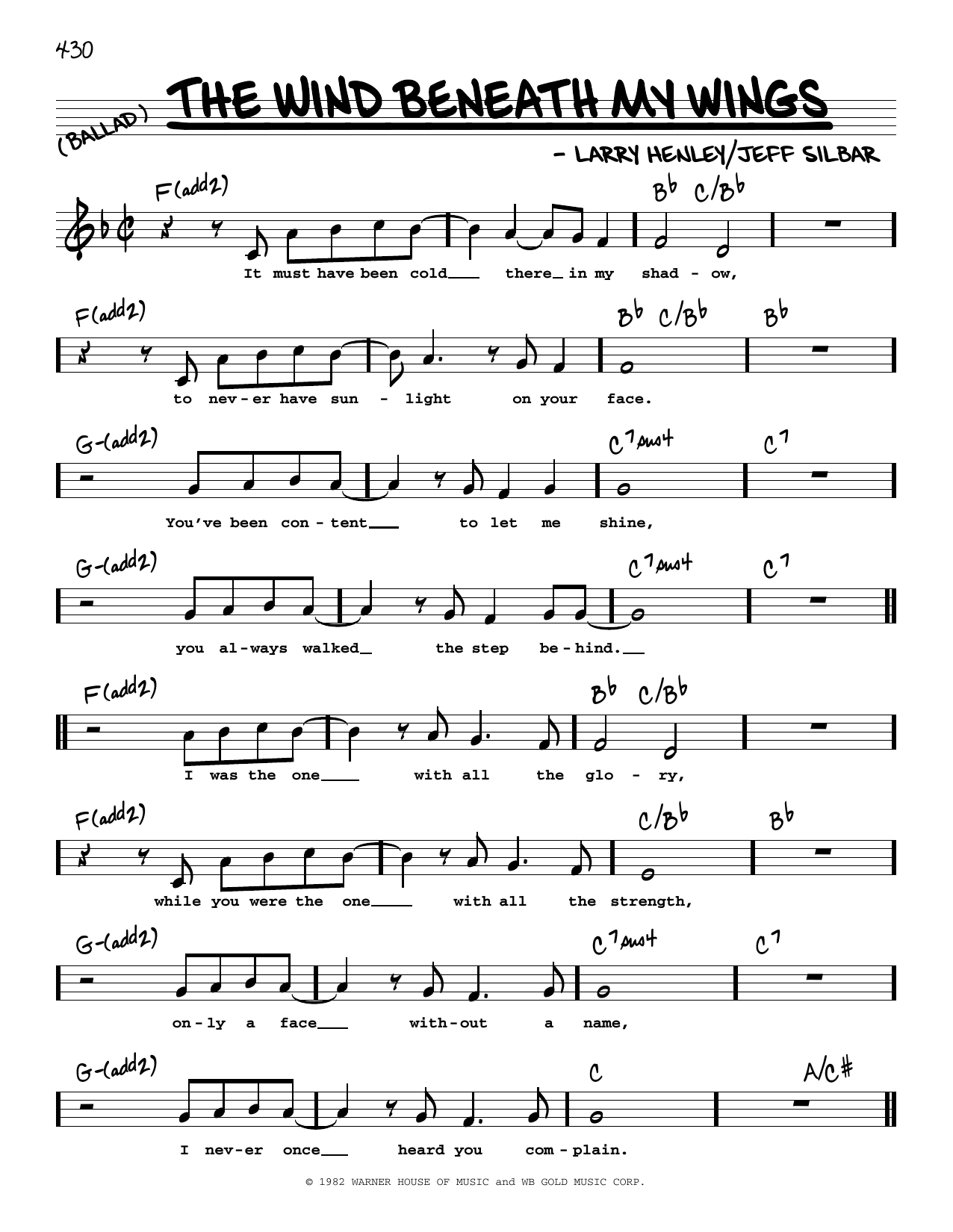 Bette Midler The Wind Beneath My Wings (High Voice) Sheet Music Notes & Chords for Real Book – Melody, Lyrics & Chords - Download or Print PDF