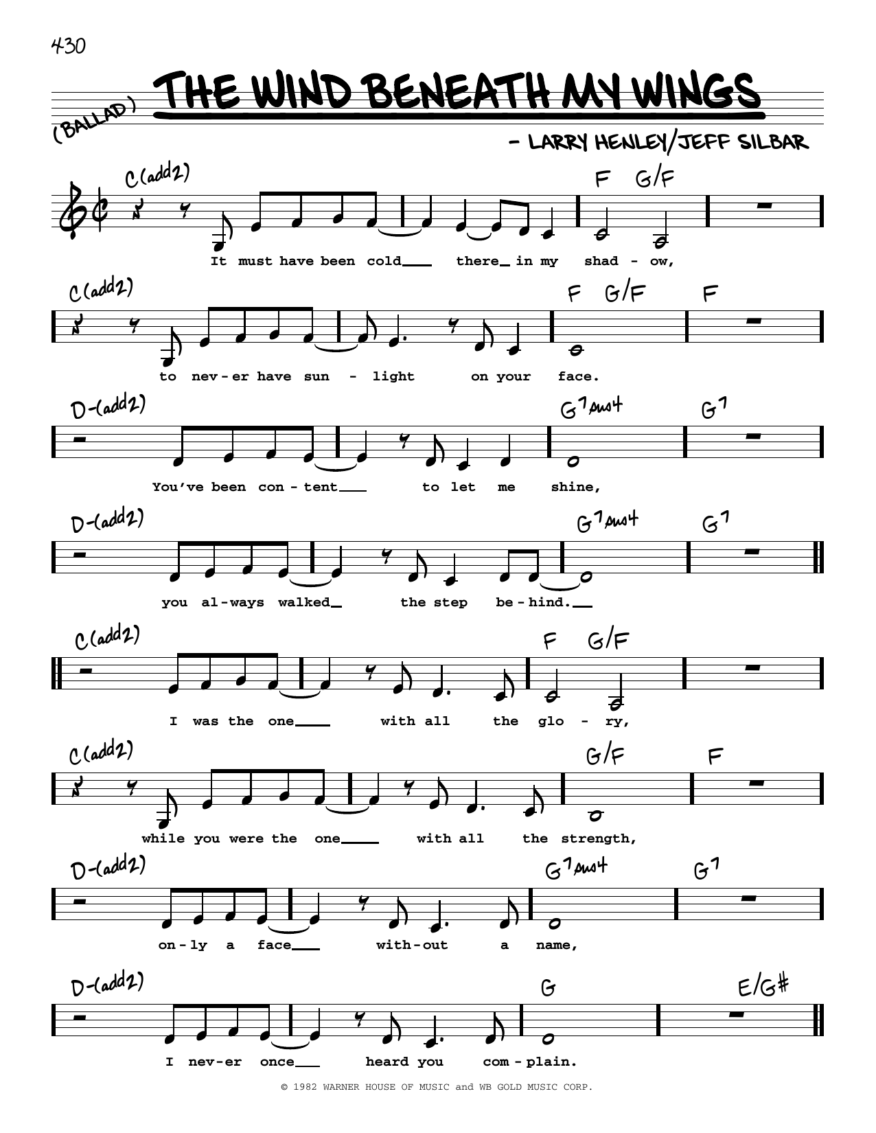 Bette Midler The Wind Beneath My Wings (Low Voice) Sheet Music Notes & Chords for Real Book – Melody, Lyrics & Chords - Download or Print PDF