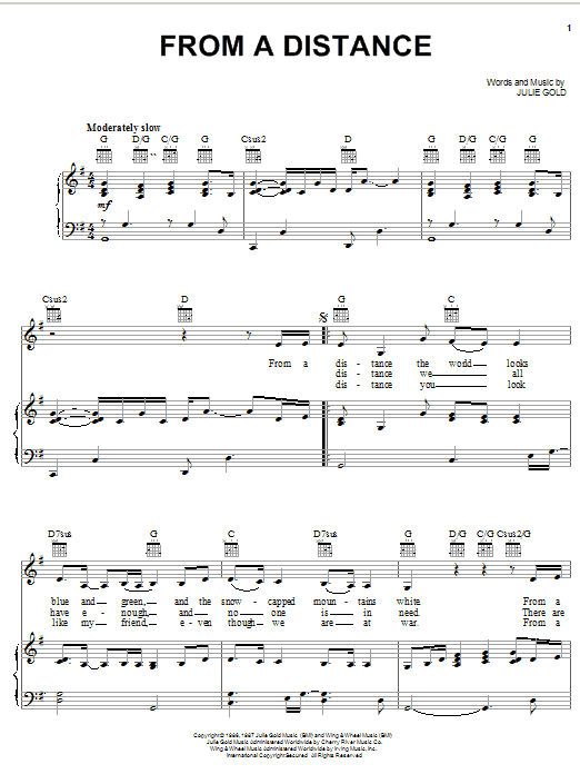 Preview Bette Midler From A Distance Pop sheet music, notes and chords for Piano, Vocal & Guitar (Right-Hand Melody), SKU: 22852 From A Distance sheet music