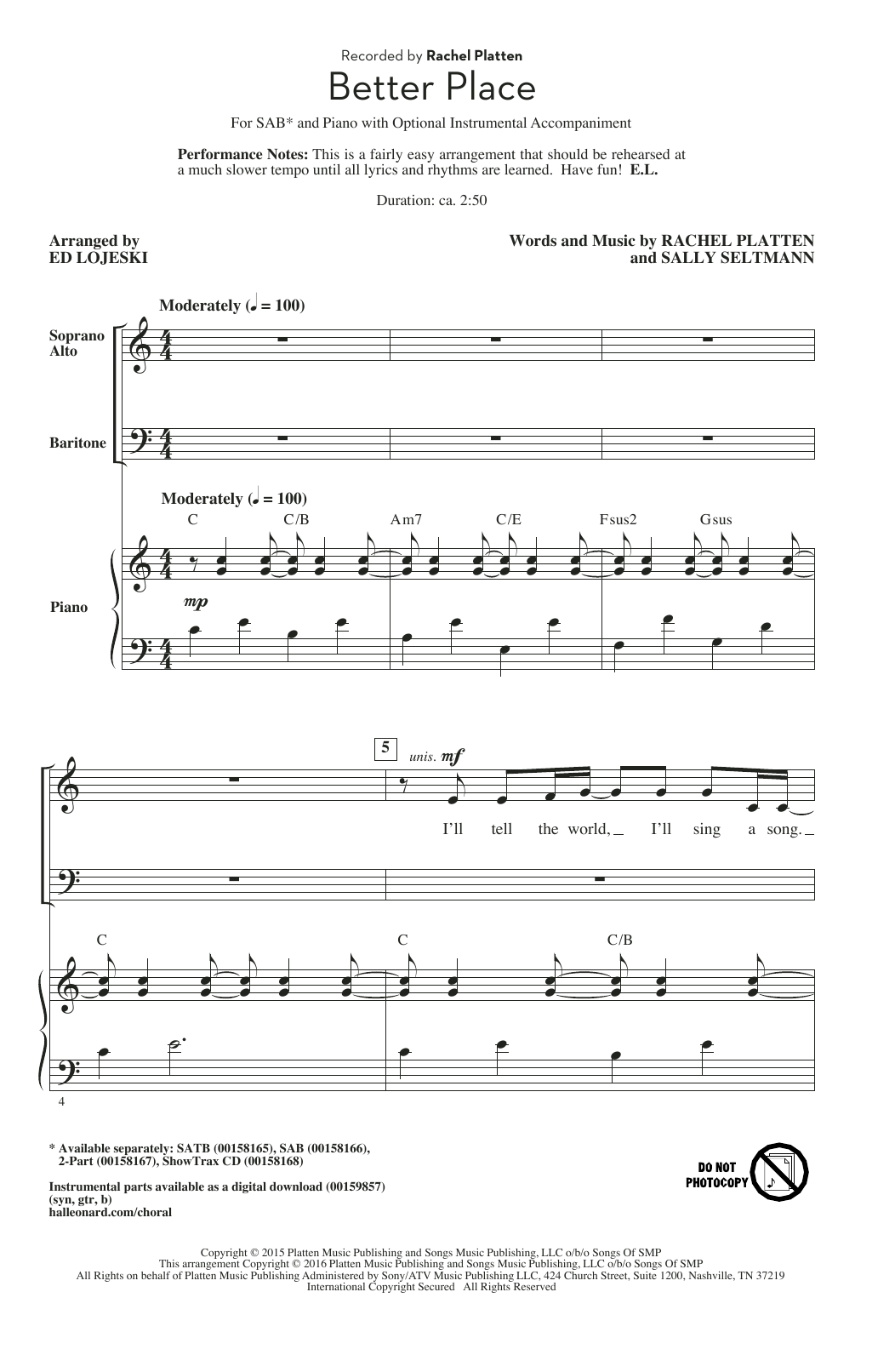 Preview Rachel Platten Better Place (arr. Ed Lojeski) Light Concert sheet music, notes and chords for 2-Part Choir, SKU: 177428 Better Place (arr. Ed Lojeski) sheet music