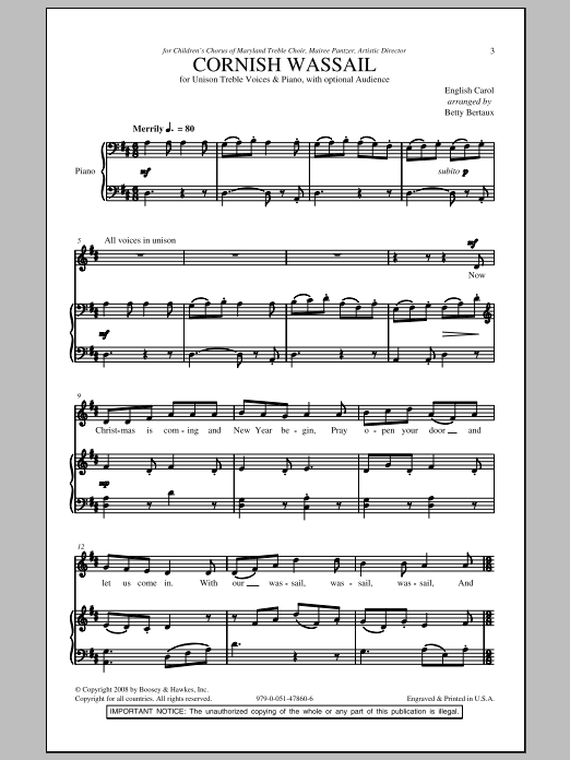Betty Bertaux Cornish Wassail Sheet Music Notes & Chords for Unison Choral - Download or Print PDF