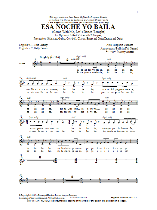 Betty Bertaux Esa Noche Yo Baila (Come With Me, Let's Dance Tonight) Sheet Music Notes & Chords for 2-Part Choir - Download or Print PDF