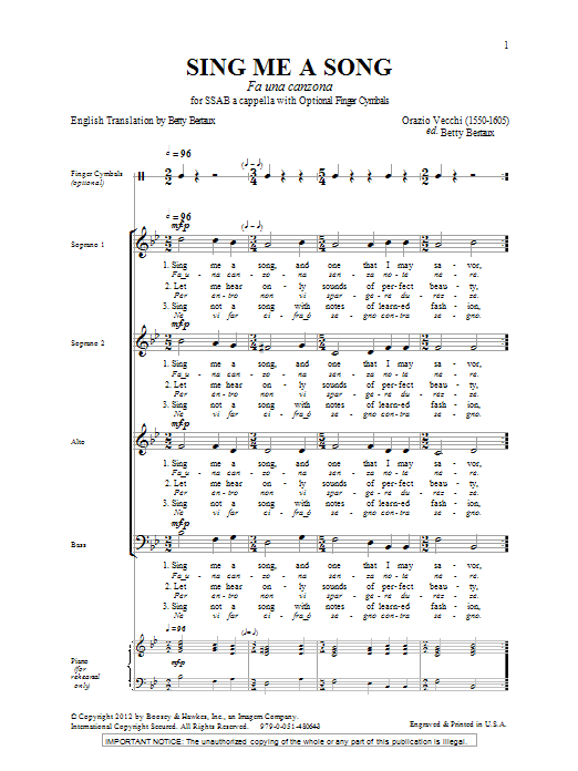 Betty Bertaux Sing Me A Song (Fa Una Canzona) Sheet Music Notes & Chords for SATB - Download or Print PDF