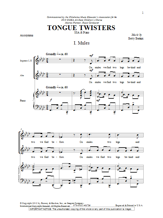 Betty Bertaux Tongue Twisters Sheet Music Notes & Chords for SSA - Download or Print PDF