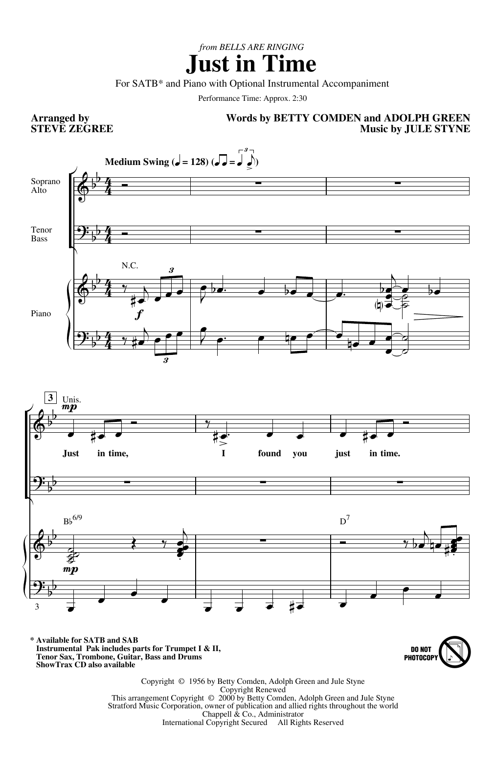 Betty Comden, Adolph Green & Jule Styne Just In Time (from Bells Are Ringing) (arr. Steve Zegree) Sheet Music Notes & Chords for SATB Choir - Download or Print PDF