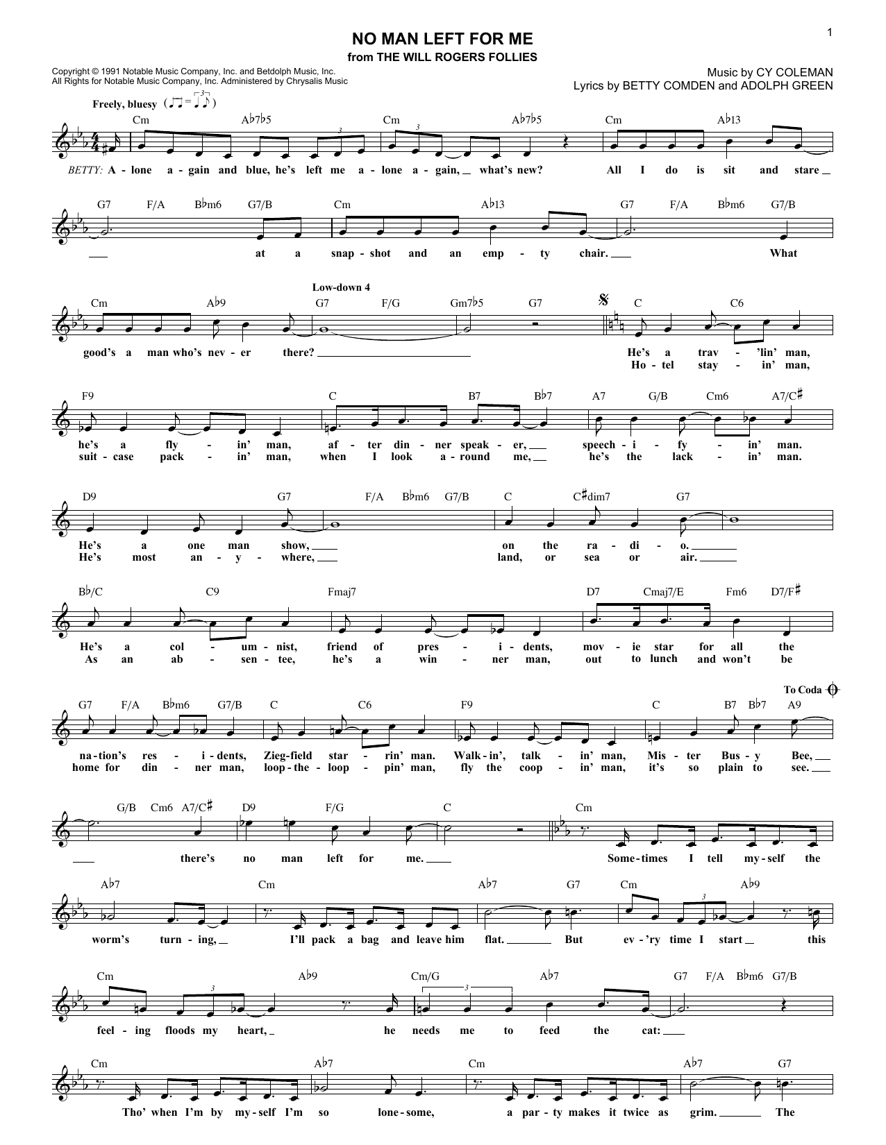 Betty Comden No Man Left For Me Sheet Music Notes & Chords for Melody Line, Lyrics & Chords - Download or Print PDF