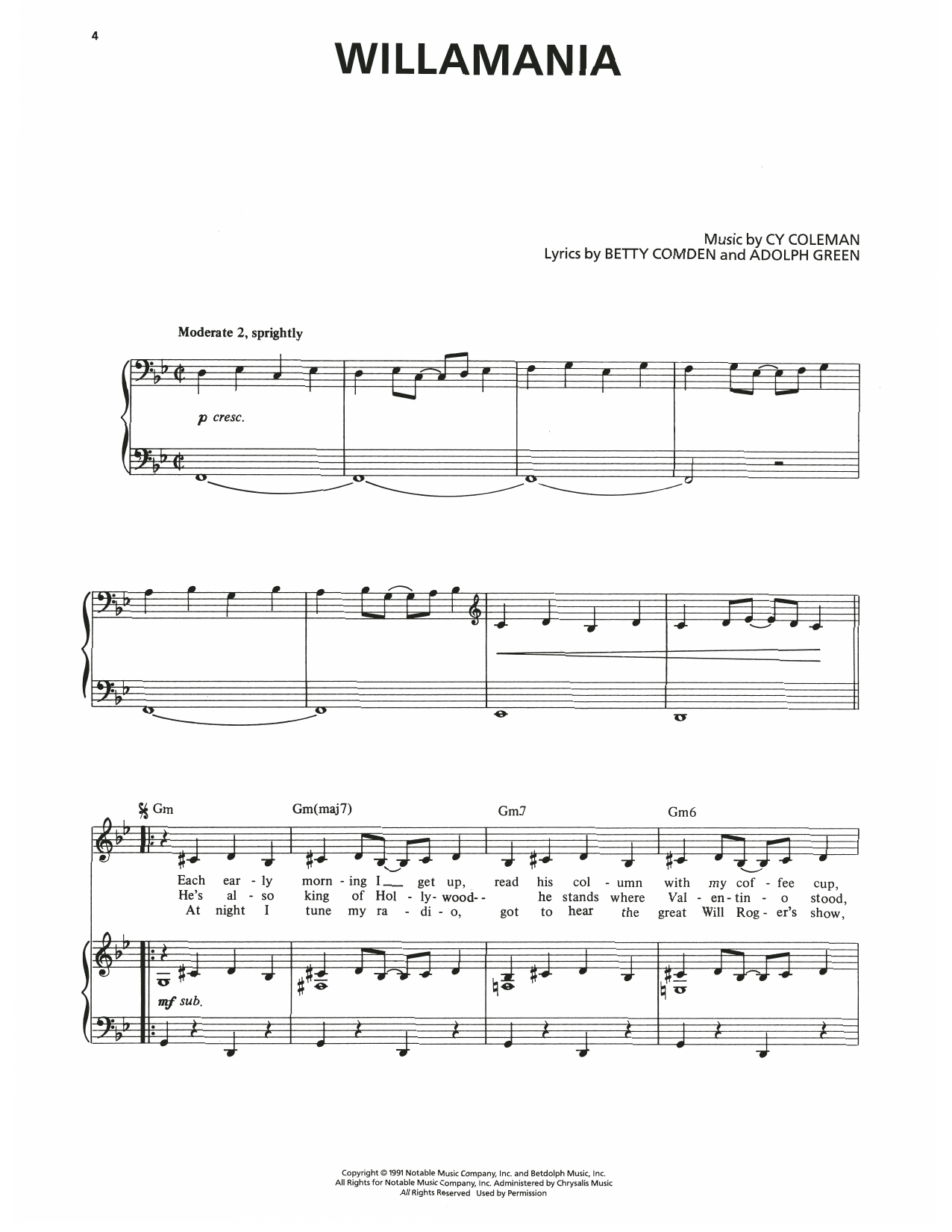 Betty Comden Willamania (from The Will Rogers Follies) Sheet Music Notes & Chords for Piano & Vocal - Download or Print PDF