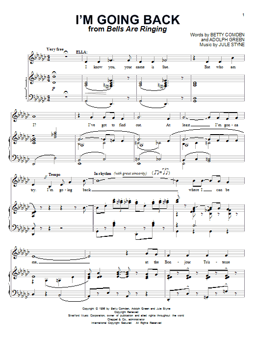 Preview Betty Comden I'm Going Back Pop sheet music, notes and chords for Piano & Vocal, SKU: 53279 I'm Going Back sheet music