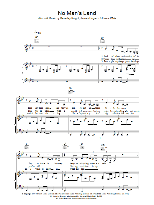 Beverley Knight No Man's Land Sheet Music Notes & Chords for Piano, Vocal & Guitar - Download or Print PDF