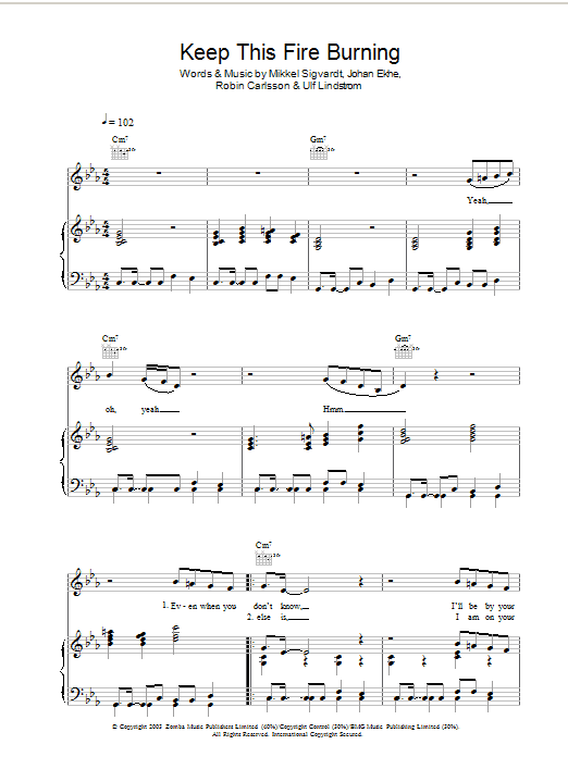 Preview Beverley Knight Keep This Fire Burning R & B sheet music, notes and chords for Piano, Vocal & Guitar (Right-Hand Melody), SKU: 33609 Keep This Fire Burning sheet music