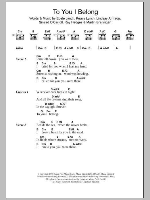 B*Witched To You I Belong Sheet Music Notes & Chords for Lyrics & Chords - Download or Print PDF