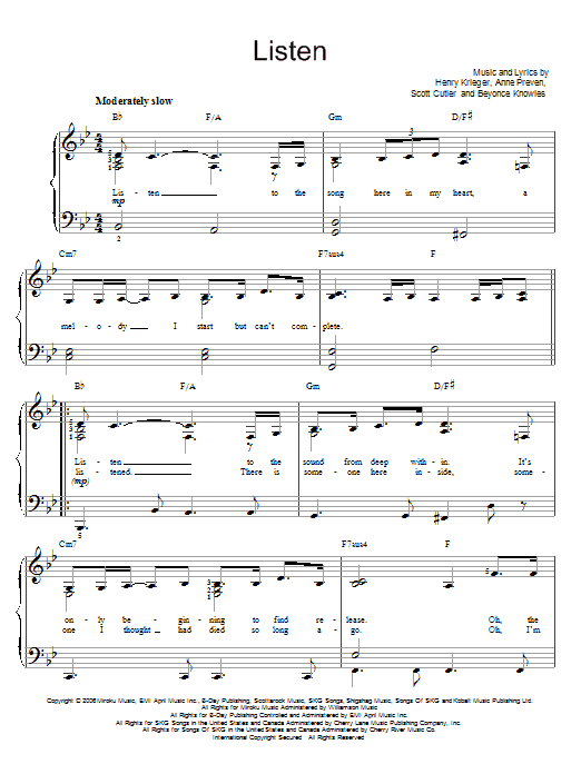 Preview Beyoncé Listen Pop sheet music, notes and chords for Easy Piano, SKU: 67691 Listen sheet music