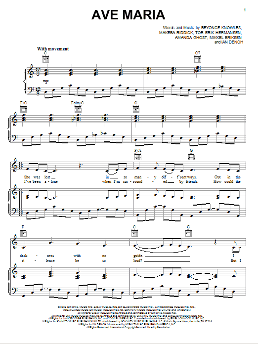Beyoncé Ave Maria Sheet Music Notes & Chords for Piano, Vocal & Guitar - Download or Print PDF