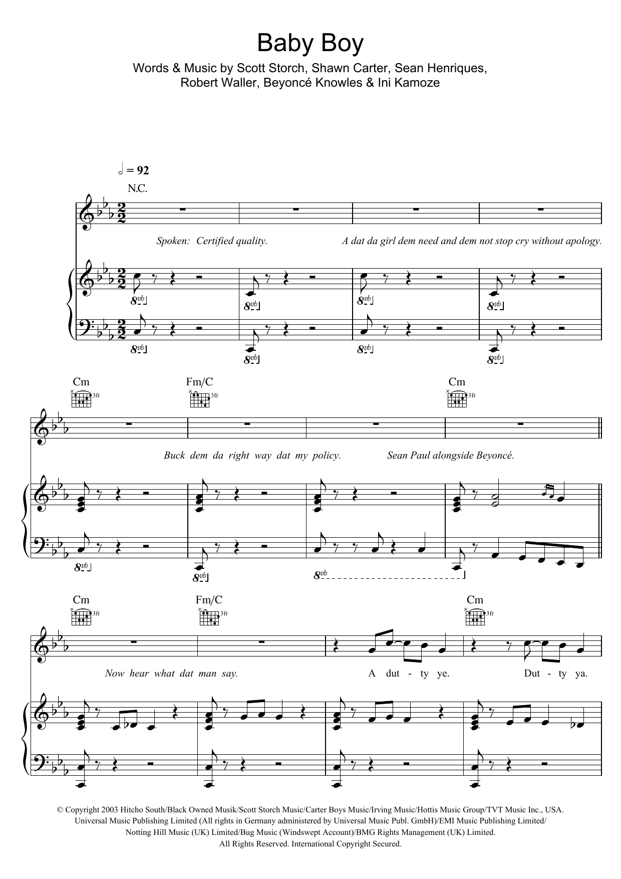 Beyoncé Baby Boy (featuring Sean Paul) Sheet Music Notes & Chords for Piano, Vocal & Guitar (Right-Hand Melody) - Download or Print PDF
