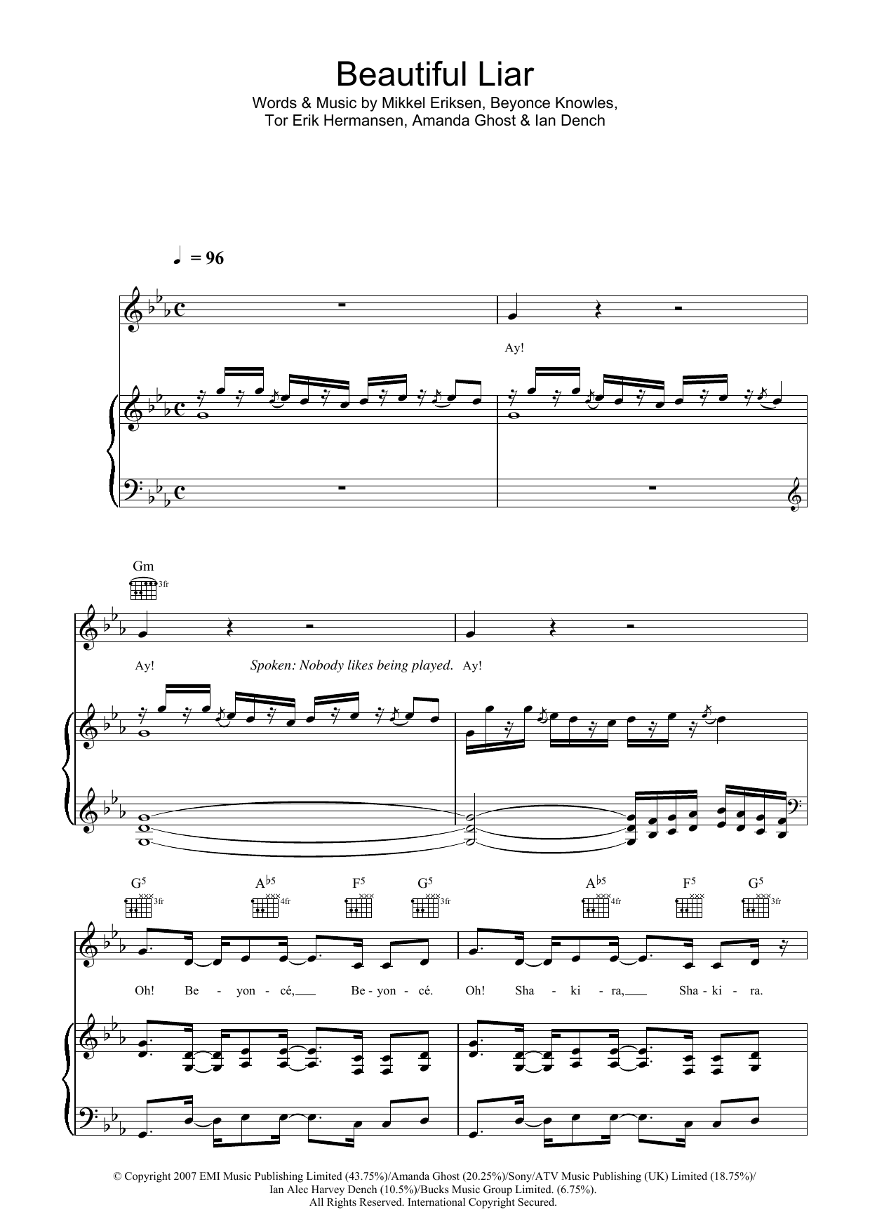 Beyoncé Beautiful Liar Sheet Music Notes & Chords for Piano, Vocal & Guitar - Download or Print PDF