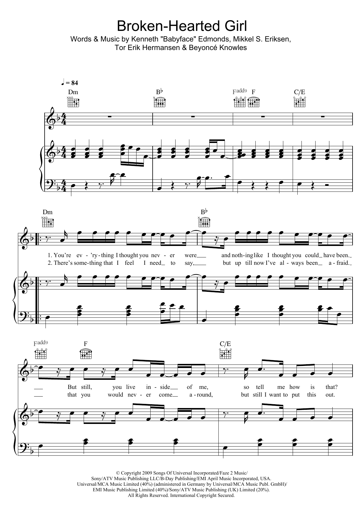 Beyoncé Broken-Hearted Girl Sheet Music Notes & Chords for Piano, Vocal & Guitar (Right-Hand Melody) - Download or Print PDF