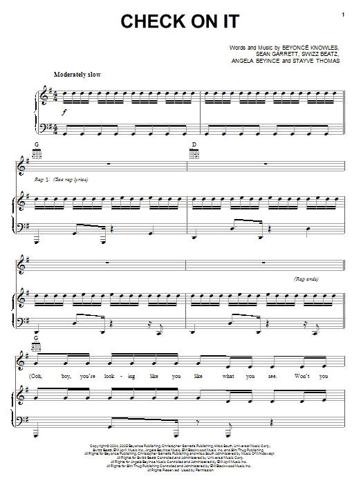 Destiny's Child Check On It Sheet Music Notes & Chords for Piano, Vocal & Guitar (Right-Hand Melody) - Download or Print PDF