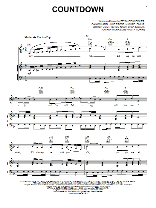 Beyoncé Countdown Sheet Music Notes & Chords for Piano, Vocal & Guitar (Right-Hand Melody) - Download or Print PDF