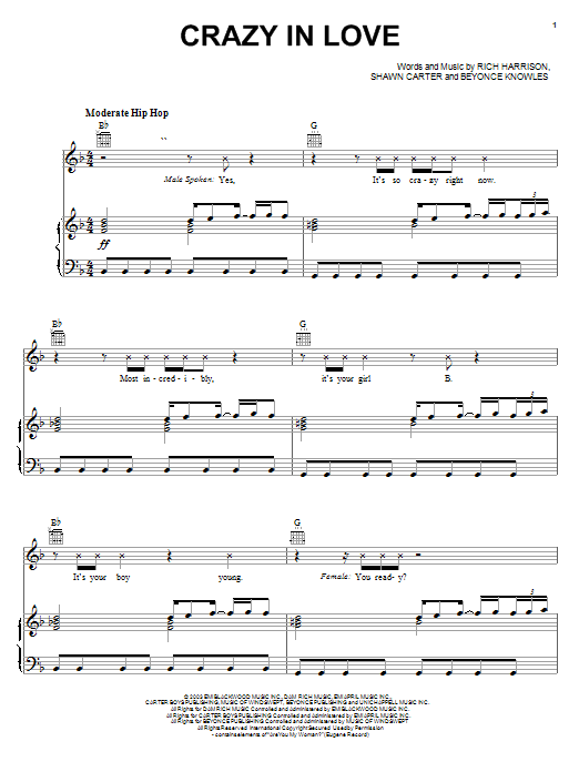Preview Beyonce Crazy In Love Pop sheet music, notes and chords for Piano, Vocal & Guitar (Right-Hand Melody), SKU: 24095 sheet music, piano notes, chords, guitar tabs, score, transpose, transcribe, how to play, guide, download, learn, tutorial, progression, song, artist, awards, billboard, mtv, vh1, tour, single, album, release