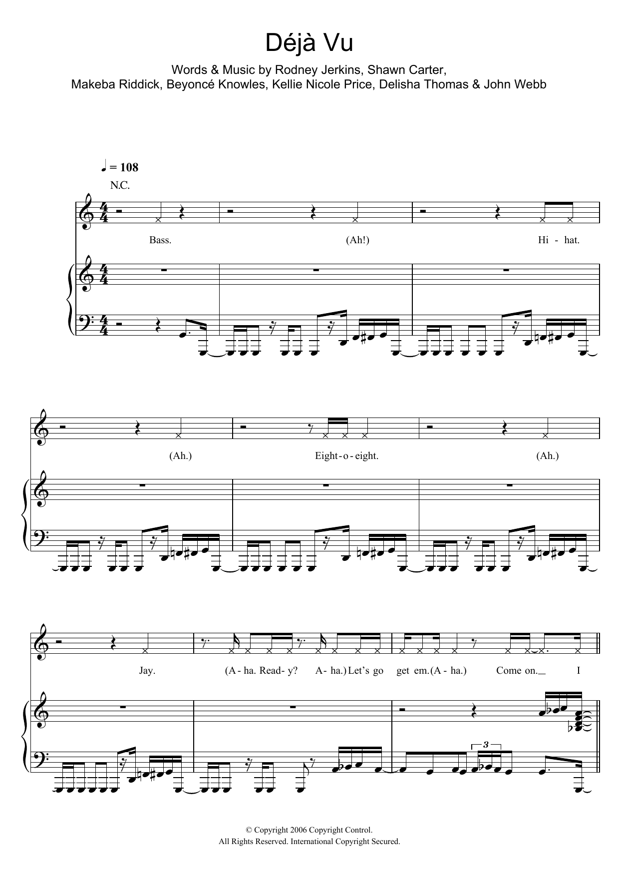 Beyoncé Deja Vu Sheet Music Notes & Chords for Piano, Vocal & Guitar (Right-Hand Melody) - Download or Print PDF