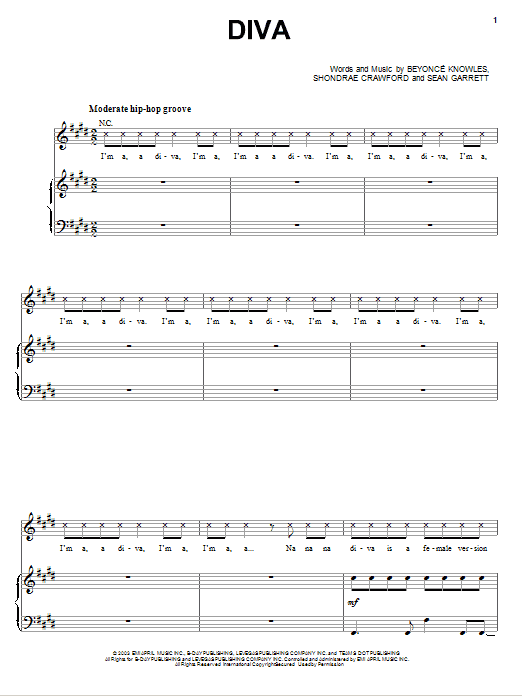 Beyonce Diva Sheet Music Notes & Chords for Piano, Vocal & Guitar (Right-Hand Melody) - Download or Print PDF