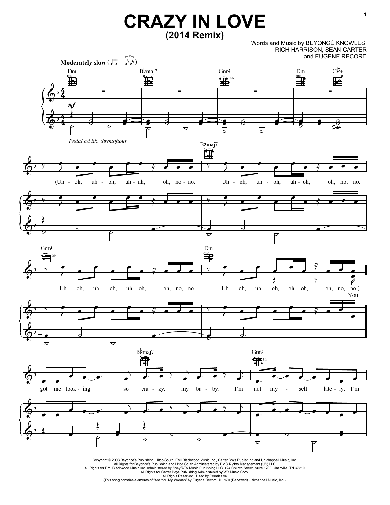 Beyonce featuring Jay-Z Crazy In Love Sheet Music Notes & Chords for Piano, Vocal & Guitar (Right-Hand Melody) - Download or Print PDF