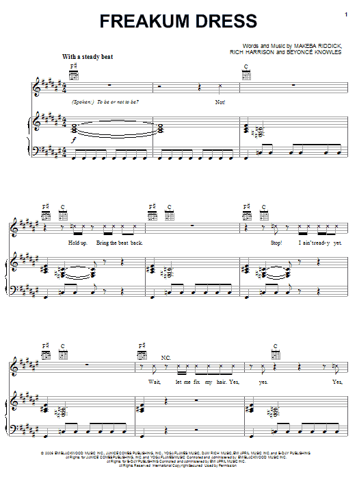 Beyonce Freakum Dress Sheet Music Notes & Chords for Piano, Vocal & Guitar (Right-Hand Melody) - Download or Print PDF