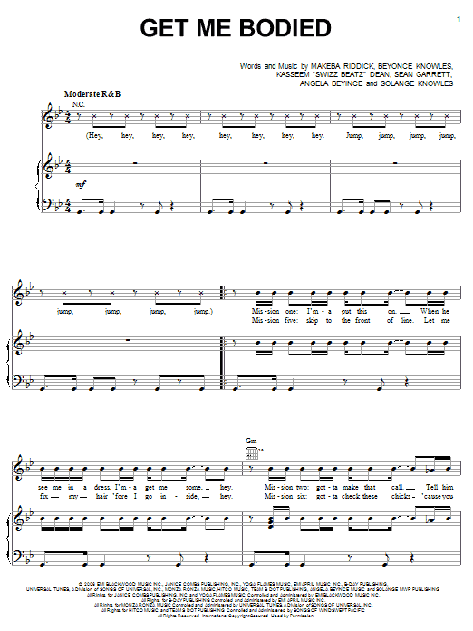 Beyonce Get Me Bodied Sheet Music Notes & Chords for Piano, Vocal & Guitar (Right-Hand Melody) - Download or Print PDF