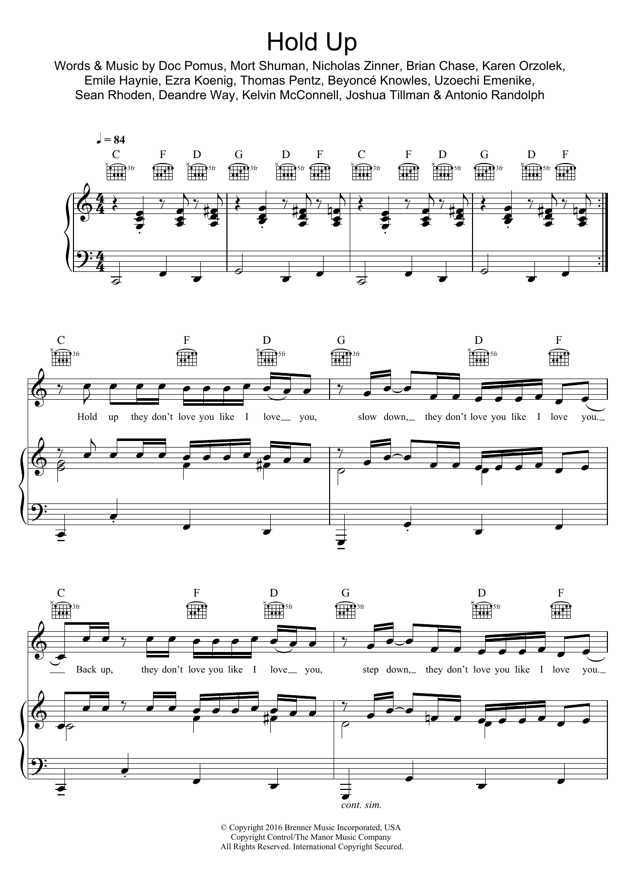 Beyoncé Hold Up Sheet Music Notes & Chords for Piano, Vocal & Guitar (Right-Hand Melody) - Download or Print PDF