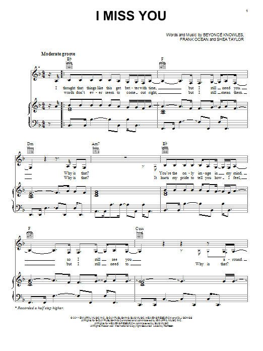 Beyoncé I Miss You Sheet Music Notes & Chords for Piano, Vocal & Guitar (Right-Hand Melody) - Download or Print PDF